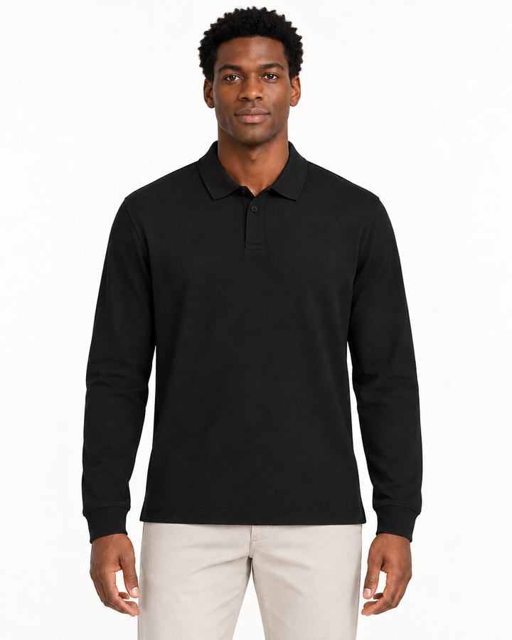 Sitztgut Unisex-Langarm-Poloshirt aus Baumwolle – Schwarz – Vorderansicht
