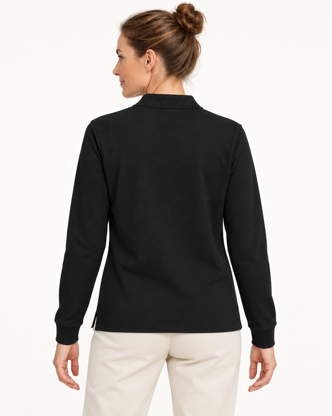 Sitztgut Unisex-Langarm-Poloshirt aus Baumwolle – Schwarz – Rückenansicht