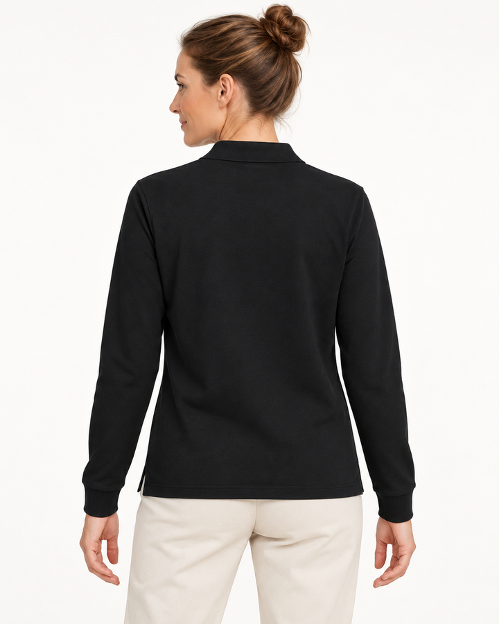 Sitztgut Unisex-Langarm-Poloshirt aus Baumwolle – Schwarz – Rückenansicht