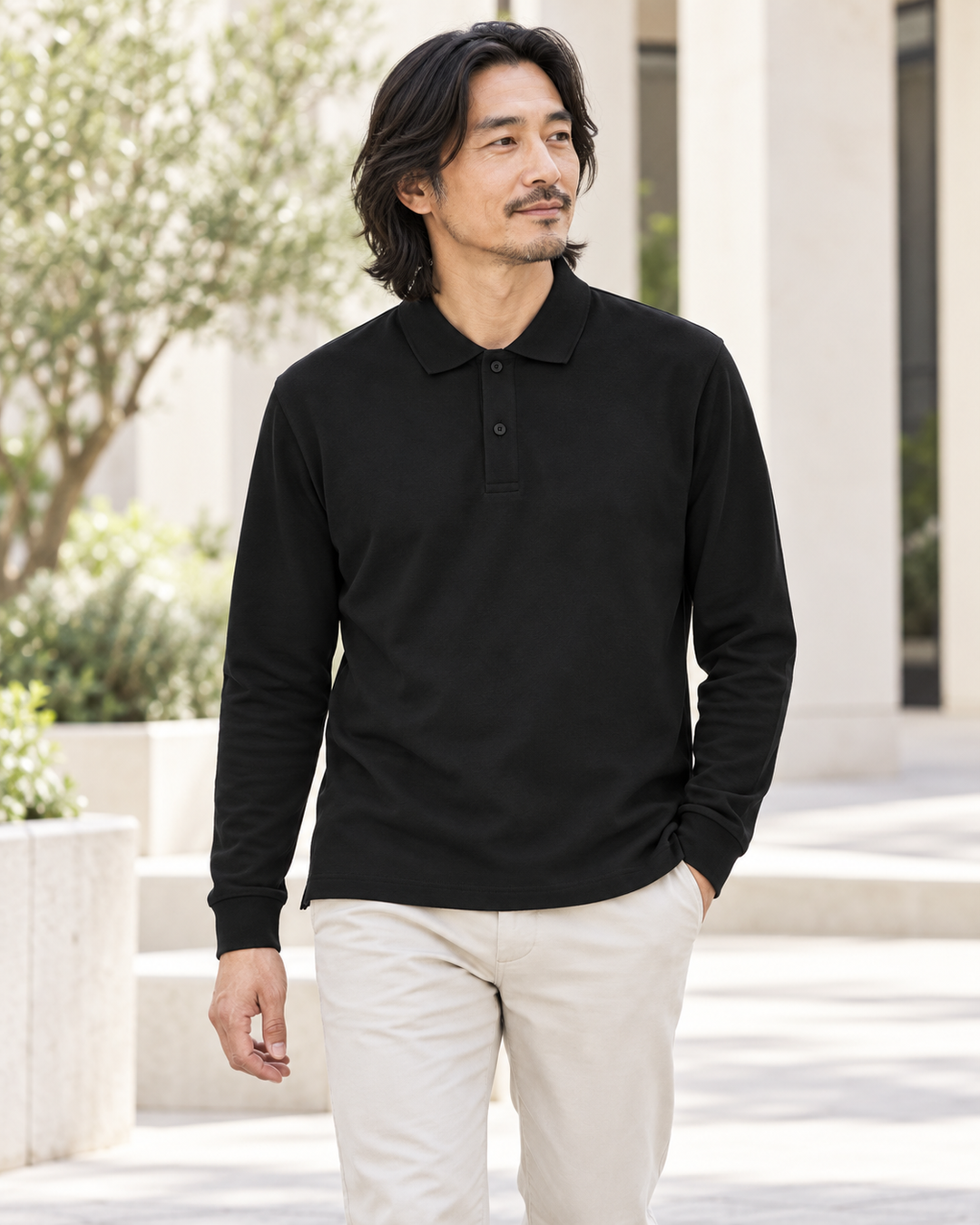 Sitztgut Unisex-Langarm-Poloshirt aus Baumwolle – Schwarz – Alltagsansicht