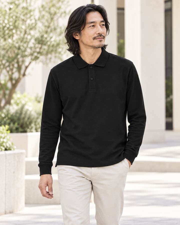 Sitztgut Unisex-Langarm-Poloshirt aus Baumwolle – Schwarz – Alltagsansicht