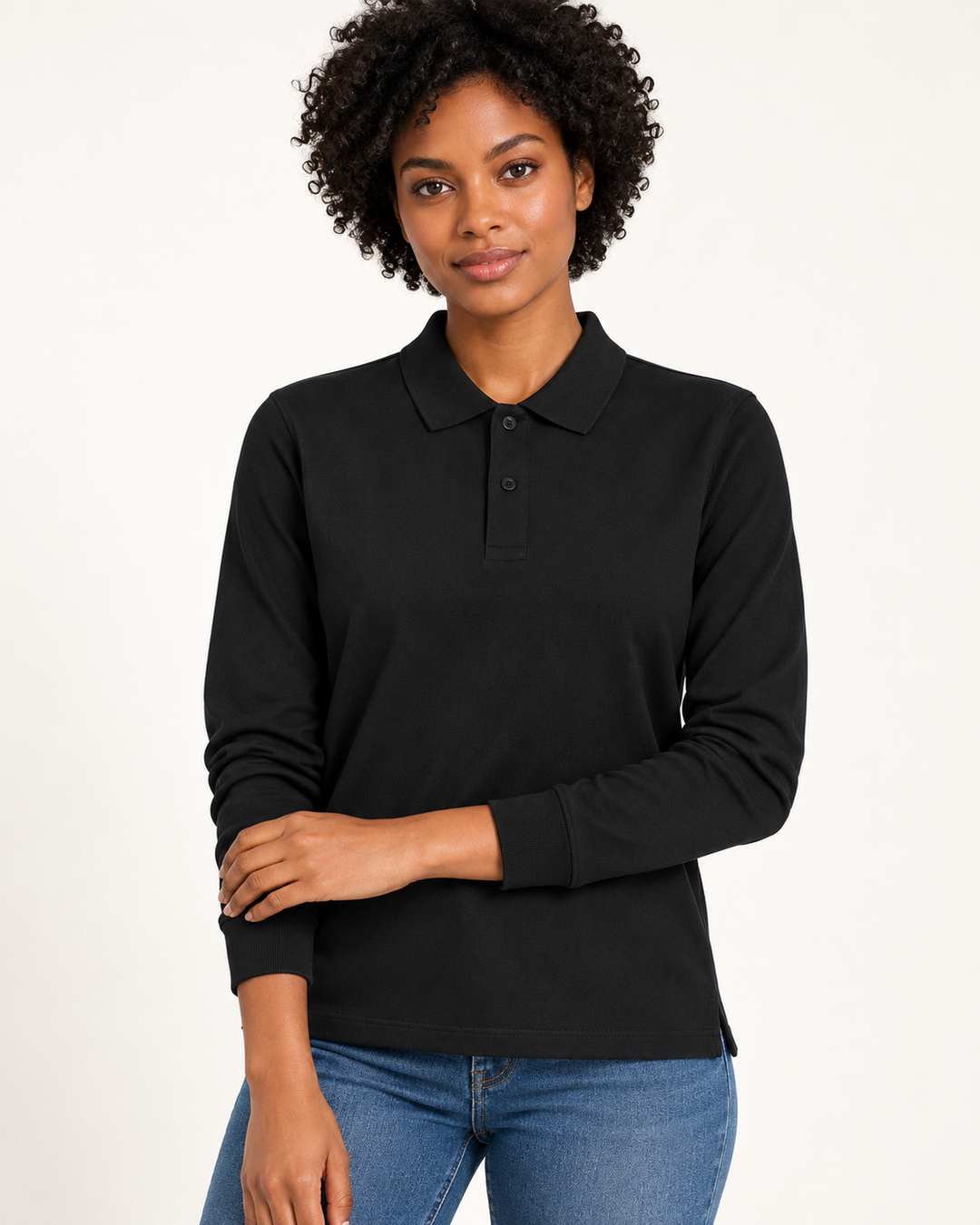 Sitztgut Unisex-Langarm-Poloshirt aus Baumwolle – Schwarz – Materialdetail