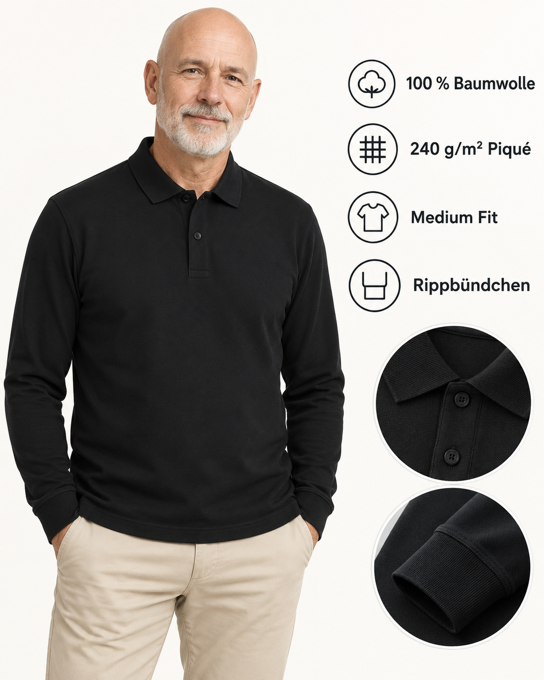 Sitztgut Unisex-Langarm-Poloshirt aus Baumwolle – Schwarz – Produktdetails