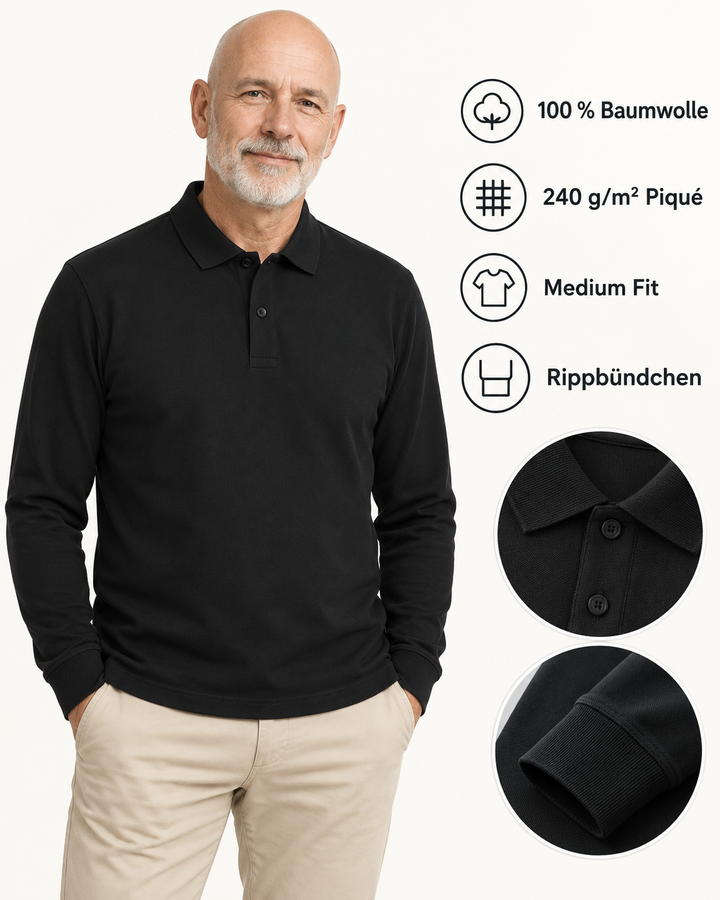 Sitztgut Unisex-Langarm-Poloshirt aus Baumwolle – Schwarz – Produktdetails