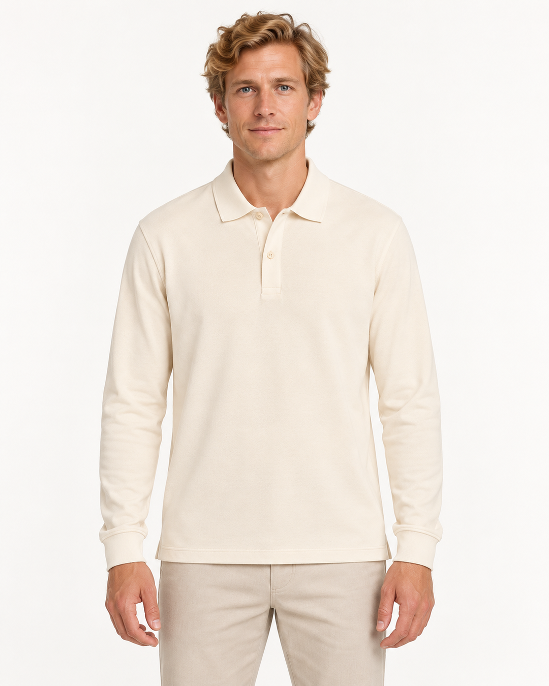 Sitztgut Unisex-Langarm-Poloshirt aus Baumwolle – Natur – Vorderansicht