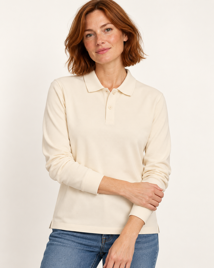 Sitztgut Unisex-Langarm-Poloshirt aus Baumwolle – Natur – Materialdetail