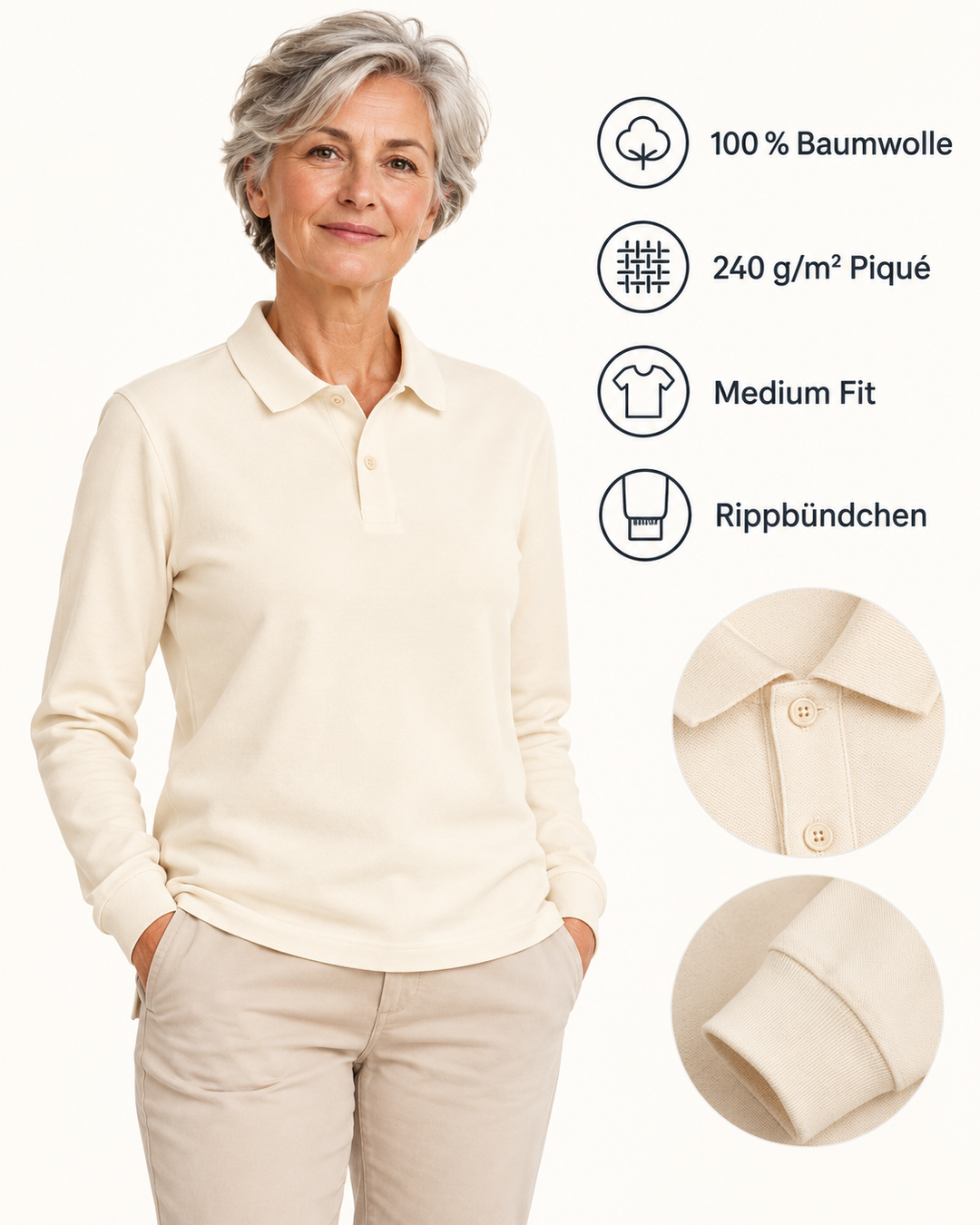 Sitztgut Unisex-Langarm-Poloshirt aus Baumwolle – Natur – Produktdetails