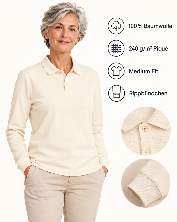 Sitztgut Unisex-Langarm-Poloshirt aus Baumwolle – Natur – Produktdetails