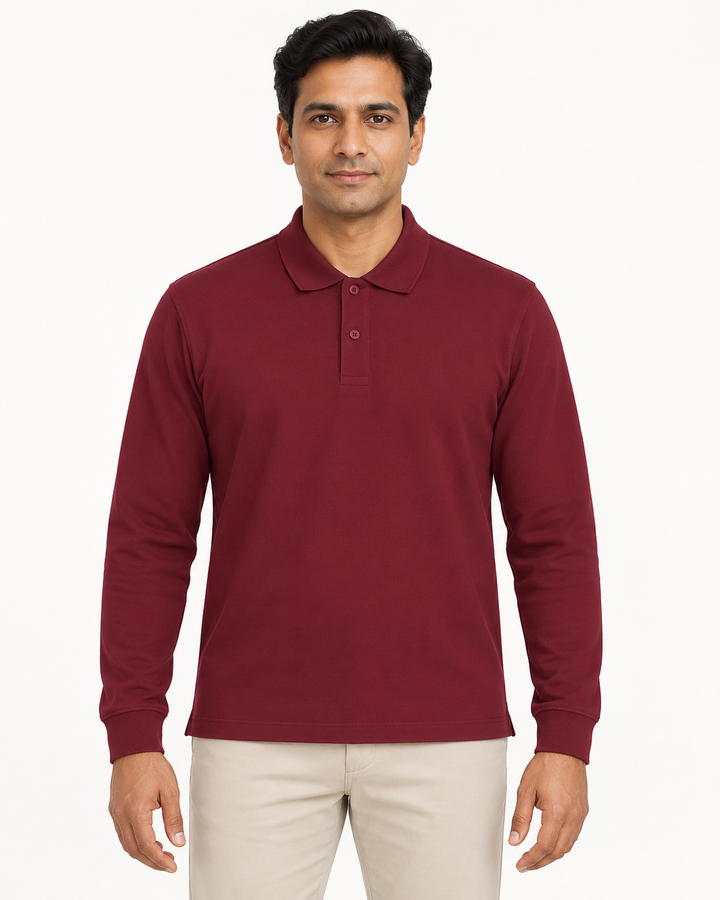 Sitztgut Unisex-Langarm-Poloshirt aus Baumwolle – Bordeaux – Vorderansicht