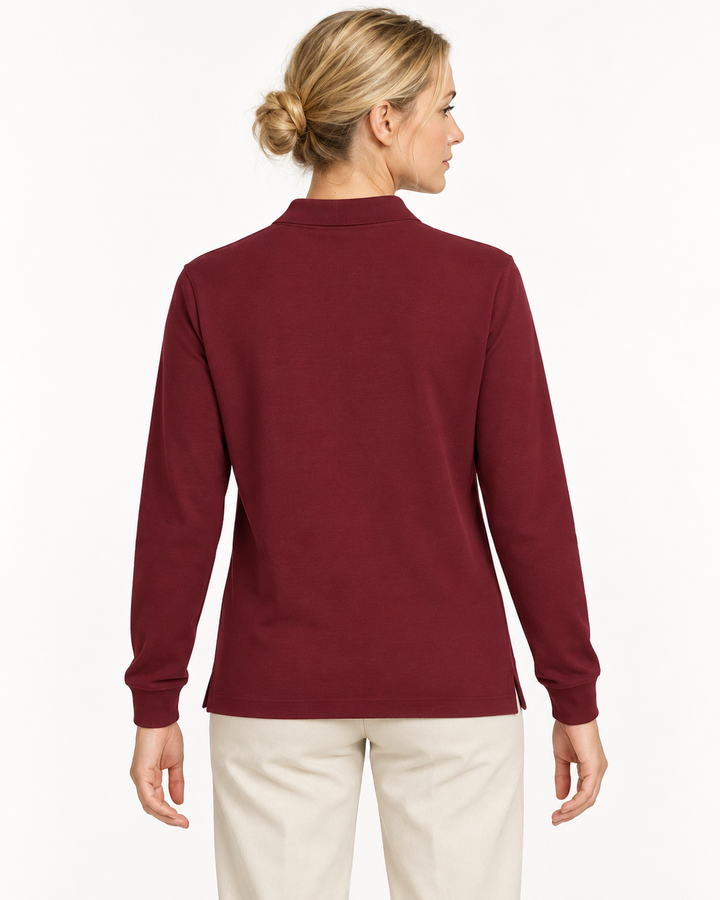 Sitztgut Unisex-Langarm-Poloshirt aus Baumwolle – Bordeaux – Rückenansicht