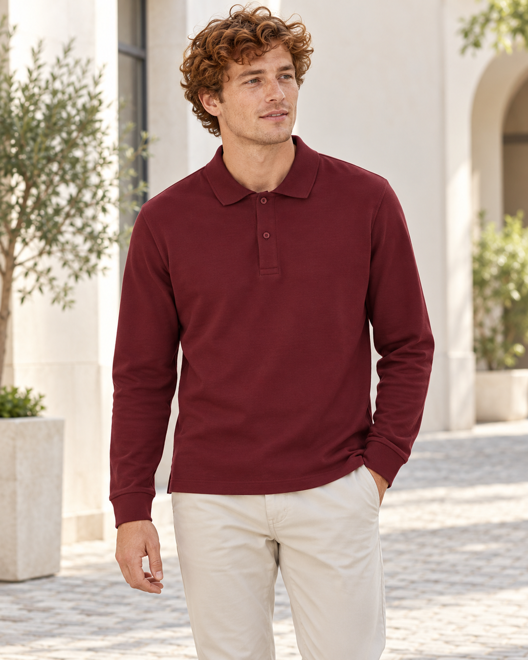 Sitztgut Unisex-Langarm-Poloshirt aus Baumwolle – Bordeaux – Alltagsansicht