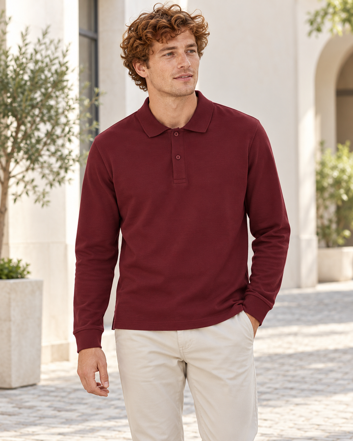 Sitztgut Unisex-Langarm-Poloshirt aus Baumwolle – Bordeaux – Alltagsansicht