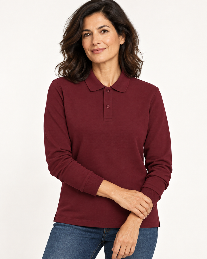 Sitztgut Unisex-Langarm-Poloshirt aus Baumwolle – Bordeaux – Materialdetail