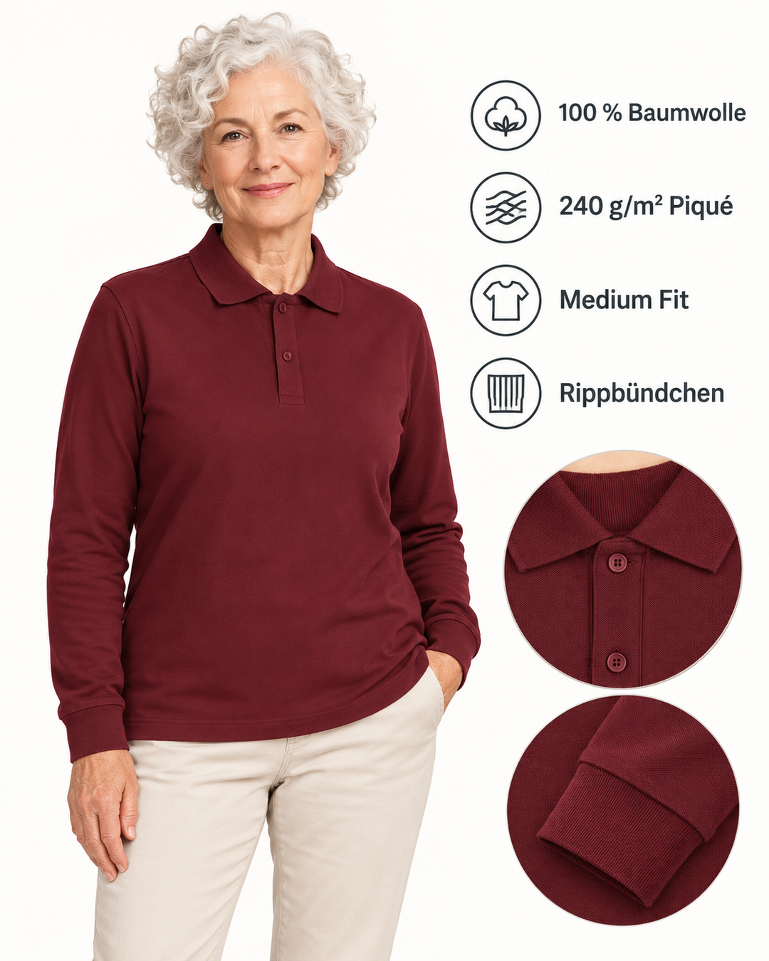 Sitztgut Unisex-Langarm-Poloshirt aus Baumwolle – Bordeaux – Produktdetails