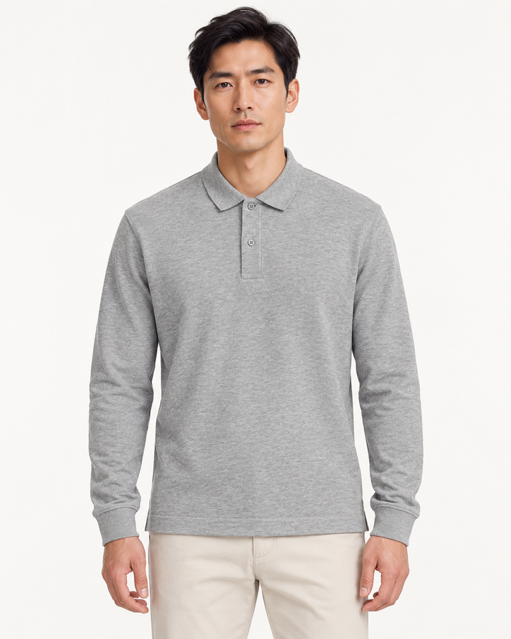 Sitztgut Unisex-Langarm-Poloshirt aus Baumwolle – Grau meliert – Vorderansicht