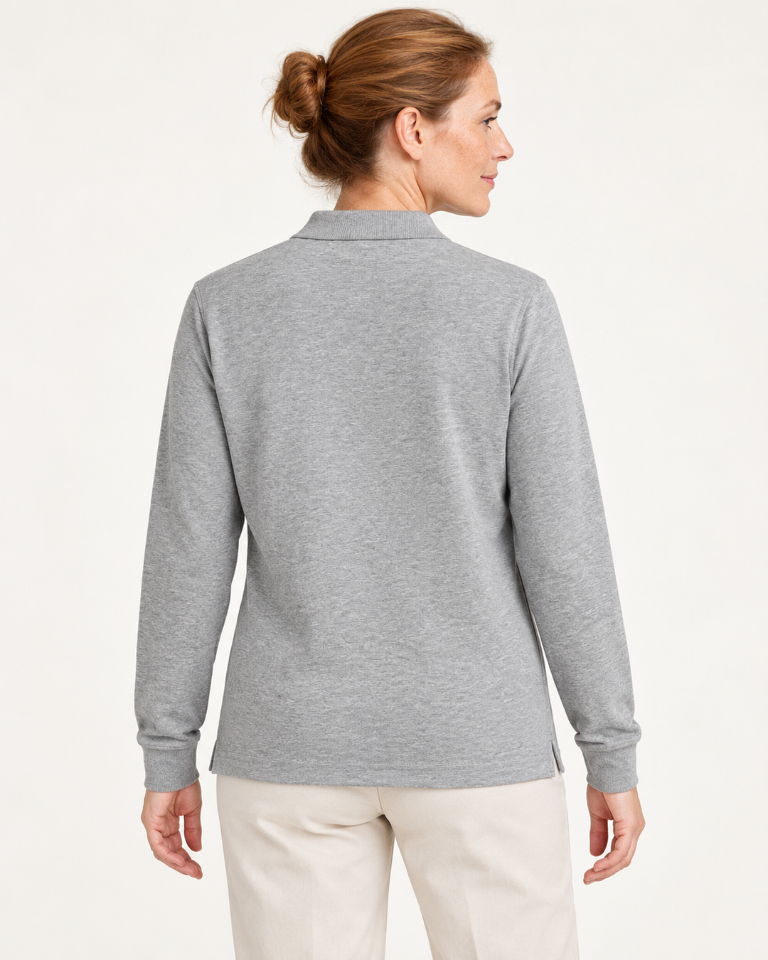 Sitztgut Unisex-Langarm-Poloshirt aus Baumwolle – Grau meliert – Rückenansicht