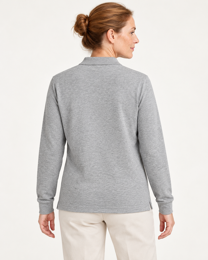 Sitztgut Unisex-Langarm-Poloshirt aus Baumwolle – Grau meliert – Rückenansicht