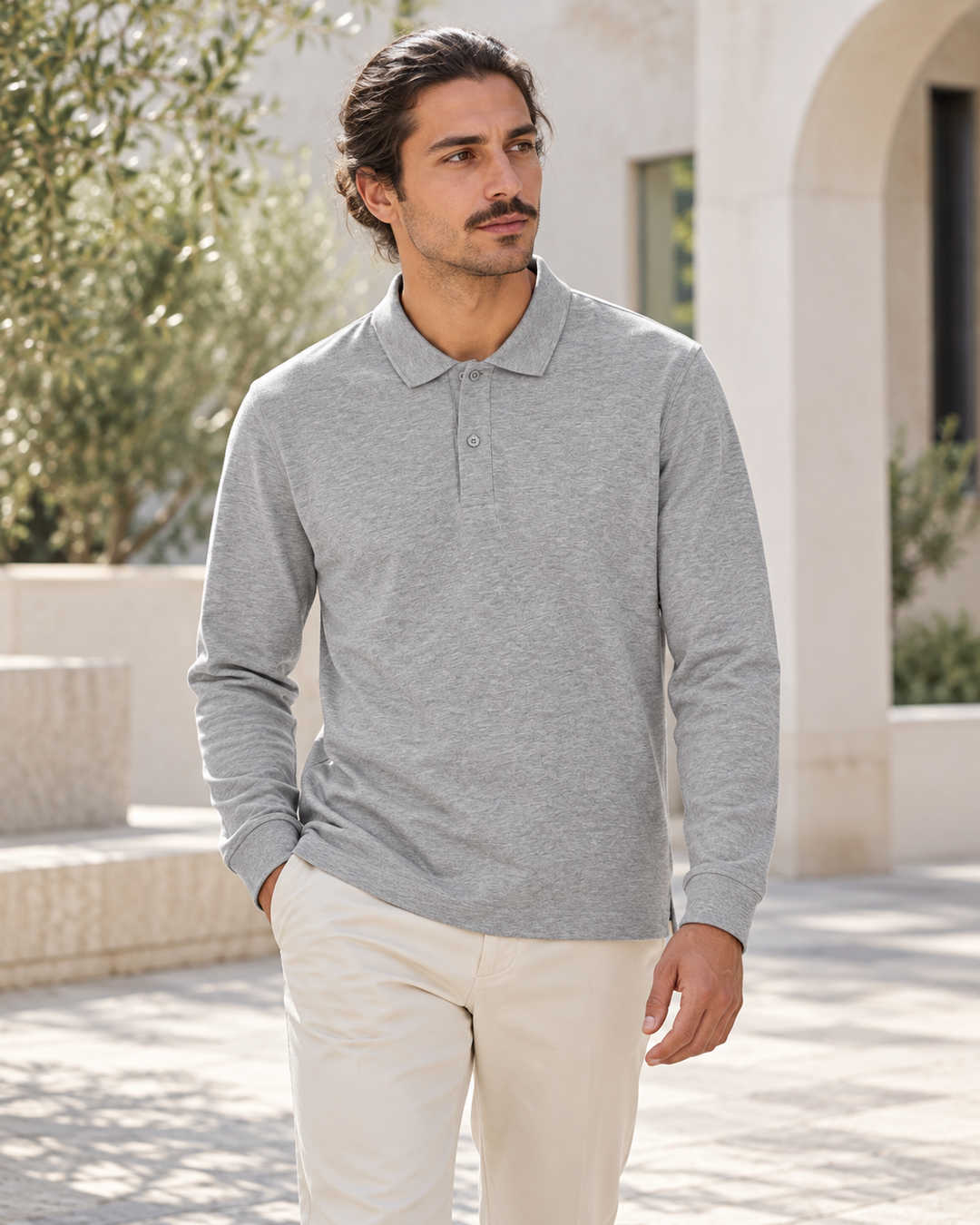 Sitztgut Unisex-Langarm-Poloshirt aus Baumwolle – Grau meliert – Alltagsansicht