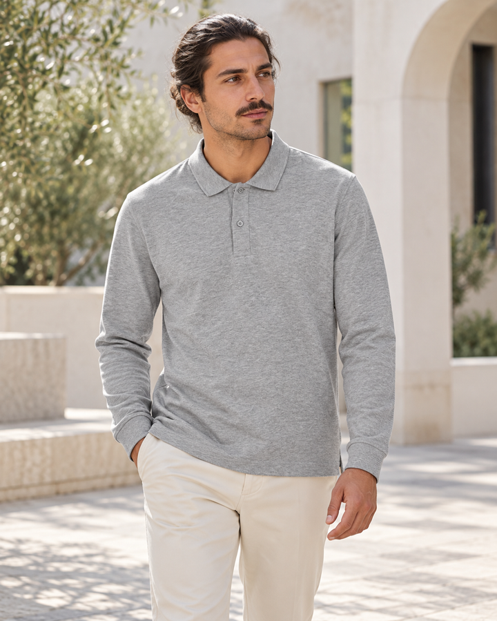 Sitztgut Unisex-Langarm-Poloshirt aus Baumwolle – Grau meliert – Alltagsansicht