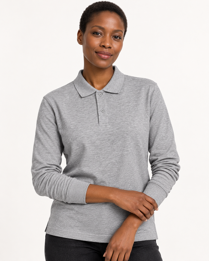 Sitztgut Unisex-Langarm-Poloshirt aus Baumwolle – Grau meliert – Materialdetail