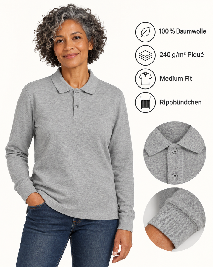 Sitztgut Unisex-Langarm-Poloshirt aus Baumwolle – Grau meliert – Produktdetails