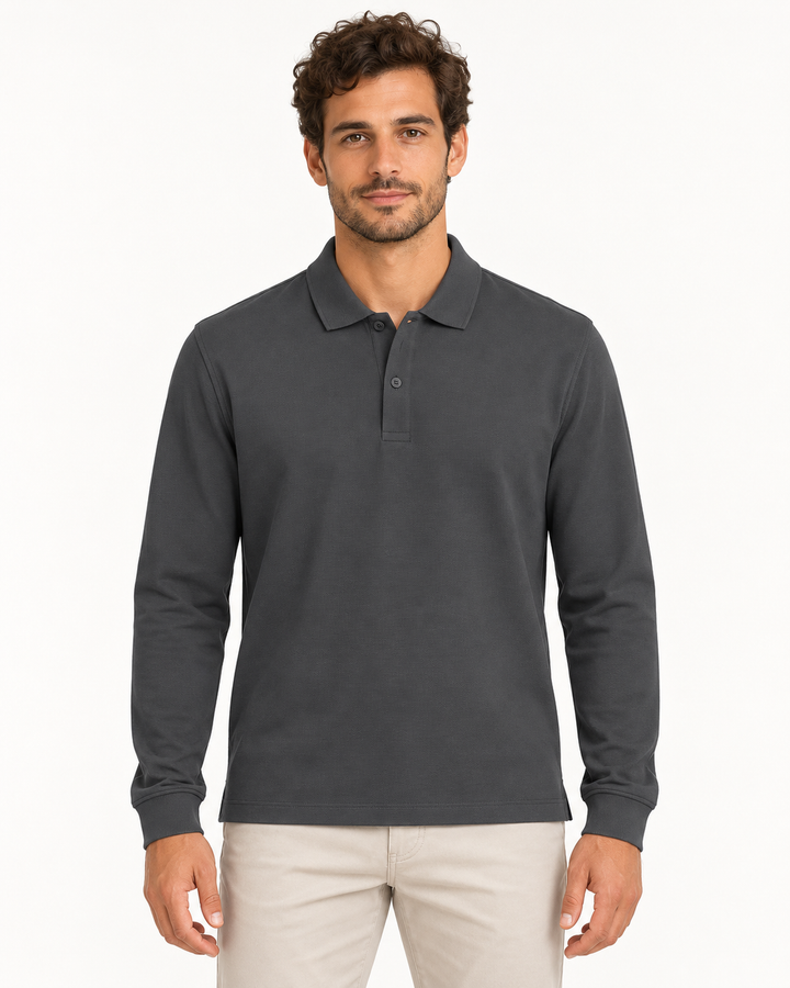 Sitztgut Unisex-Langarm-Poloshirt aus Baumwolle – Anthrazit – Vorderansicht