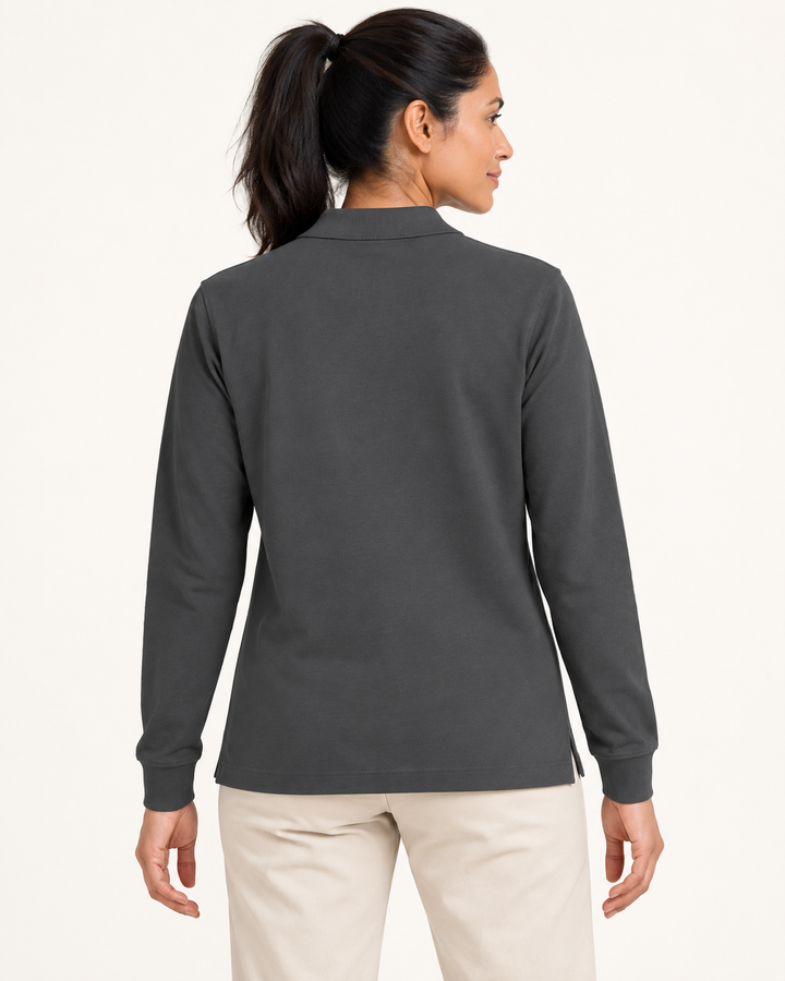 Sitztgut Unisex-Langarm-Poloshirt aus Baumwolle – Anthrazit – Rückenansicht