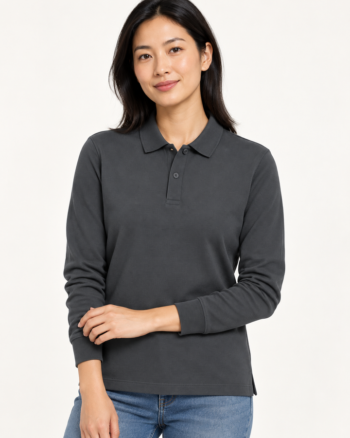 Sitztgut Unisex-Langarm-Poloshirt aus Baumwolle – Anthrazit – Materialdetail