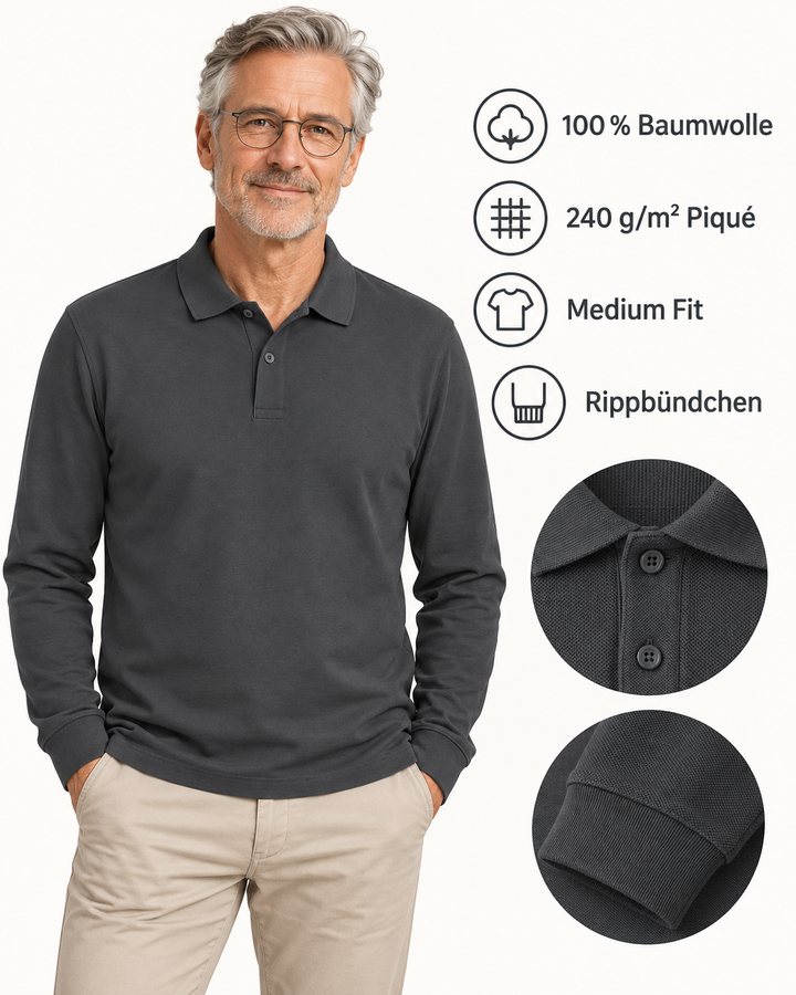 Sitztgut Unisex-Langarm-Poloshirt aus Baumwolle – Anthrazit – Produktdetails