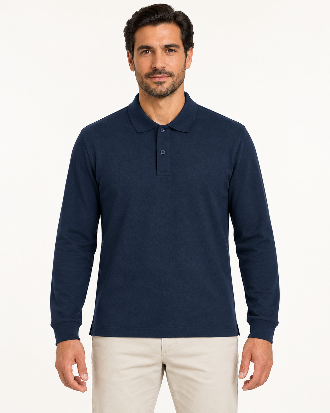 Sitztgut Unisex-Langarm-Poloshirt aus Baumwolle – Marineblau – Vorderansicht
