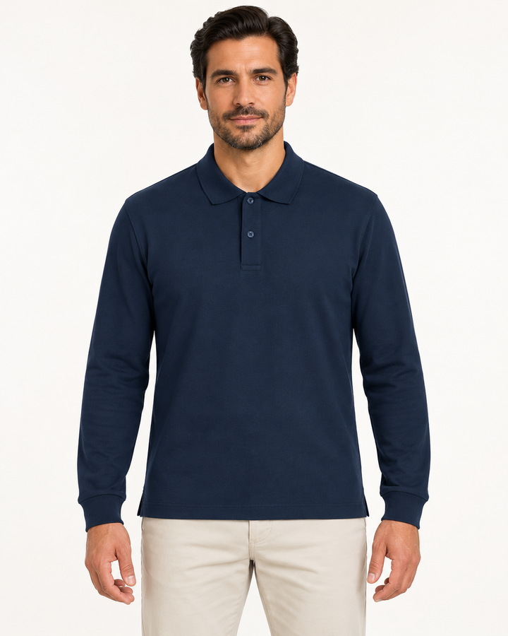 Sitztgut Unisex-Langarm-Poloshirt aus Baumwolle – Marineblau – Vorderansicht