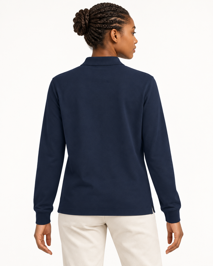 Sitztgut Unisex-Langarm-Poloshirt aus Baumwolle – Marineblau – Rückenansicht