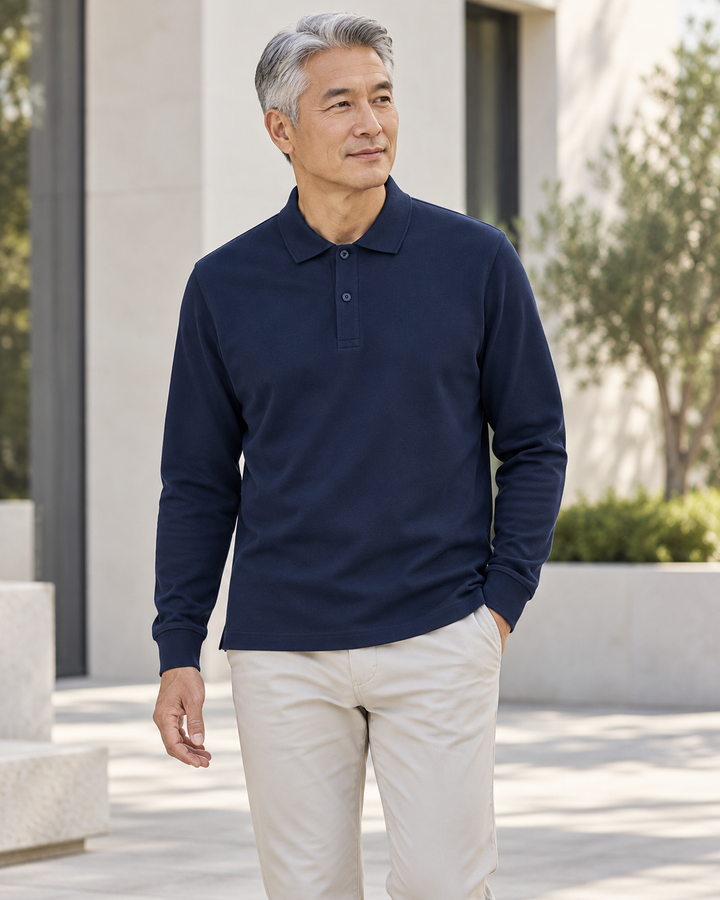 Sitztgut Unisex-Langarm-Poloshirt aus Baumwolle – Marineblau – Alltagsansicht