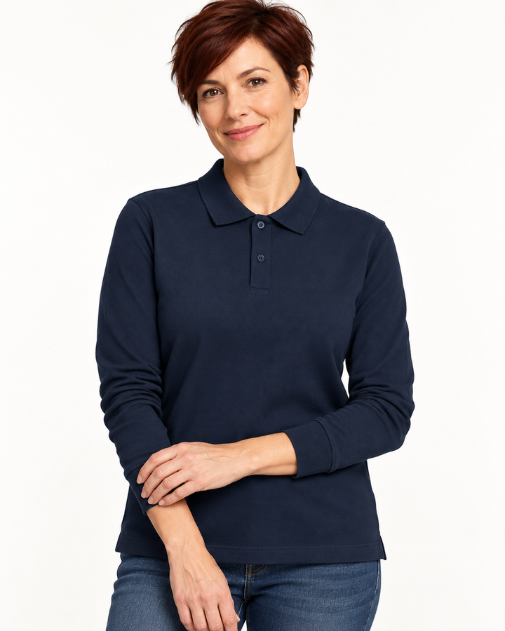 Sitztgut Unisex-Langarm-Poloshirt aus Baumwolle – Marineblau – Materialdetail