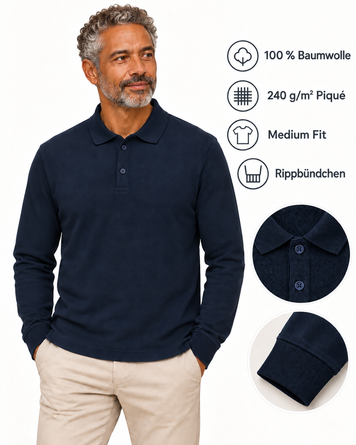 Sitztgut Unisex-Langarm-Poloshirt aus Baumwolle – Marineblau – Produktdetails