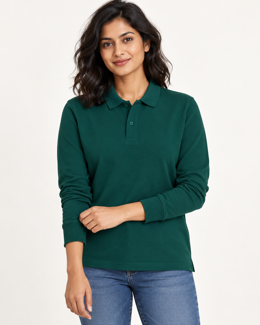 Sitztgut Unisex-Langarm-Poloshirt aus Baumwolle – Grün – Materialdetail