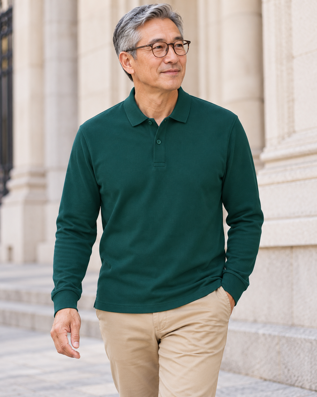 Sitztgut Unisex-Langarm-Poloshirt aus Baumwolle – Grün – Alltagsansicht