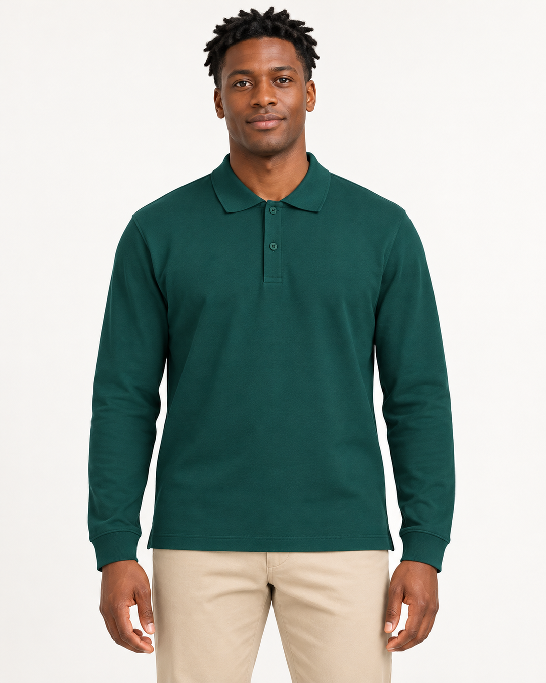 Sitztgut Unisex-Langarm-Poloshirt aus Baumwolle – Grün – Vorderansicht