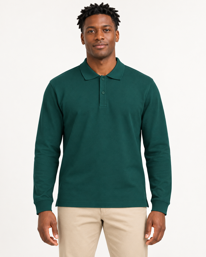 Sitztgut Unisex-Langarm-Poloshirt aus Baumwolle – Grün – Vorderansicht