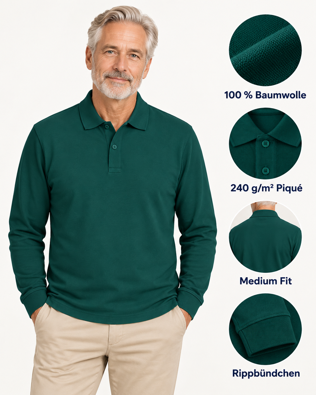 Sitztgut Unisex-Langarm-Poloshirt aus Baumwolle – Grün – Produktdetails