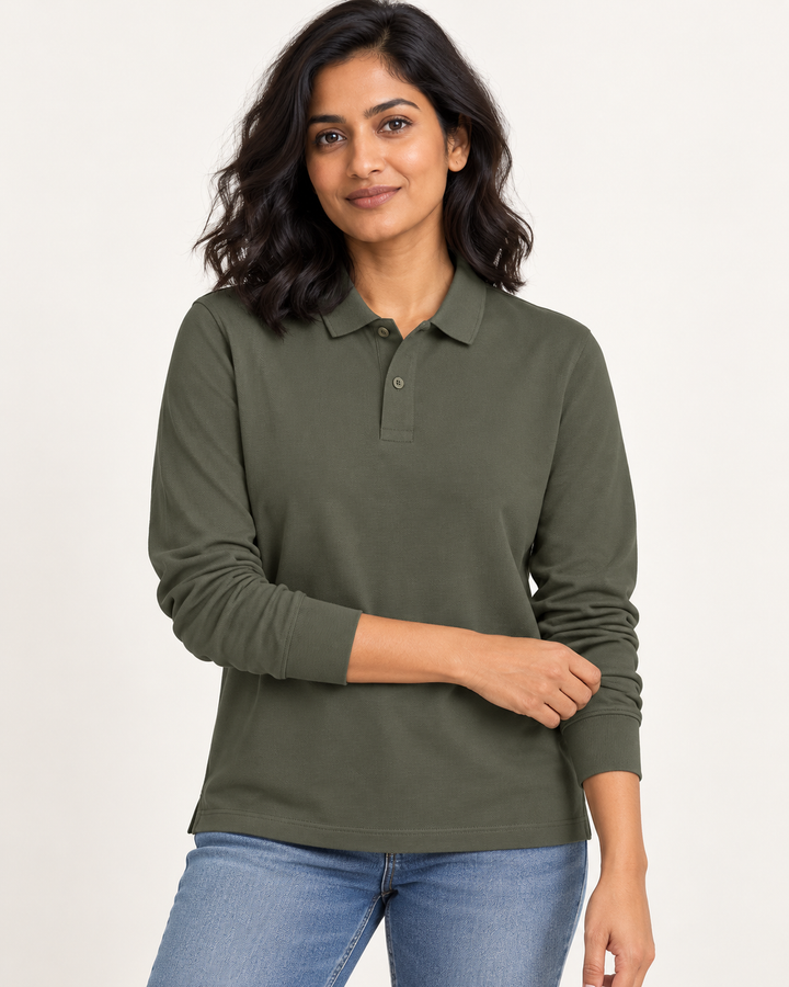 Sitztgut Unisex-Langarm-Poloshirt aus Baumwolle – Khaki – Materialdetail