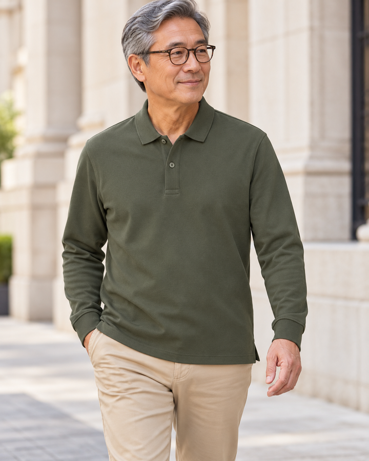 Sitztgut Unisex-Langarm-Poloshirt aus Baumwolle – Khaki – Alltagsansicht