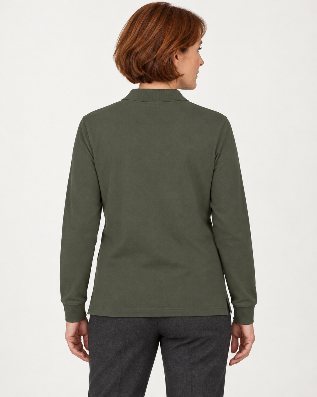 Sitztgut Unisex-Langarm-Poloshirt aus Baumwolle – Khaki – Rückenansicht
