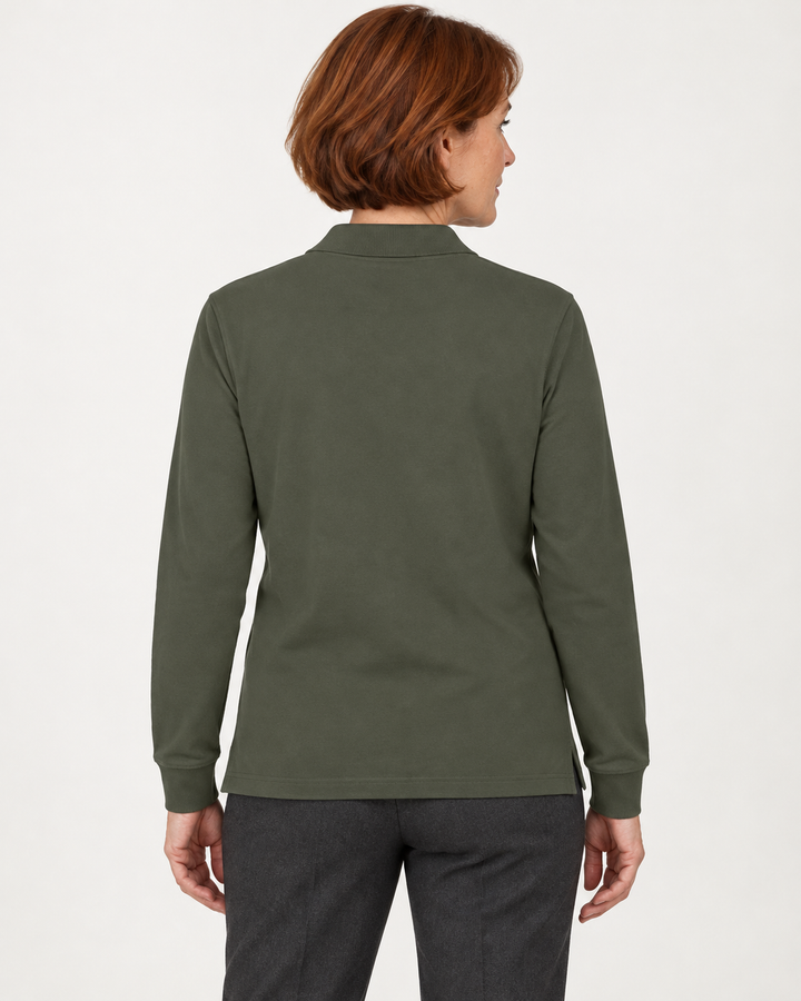 Sitztgut Unisex-Langarm-Poloshirt aus Baumwolle – Khaki – Rückenansicht