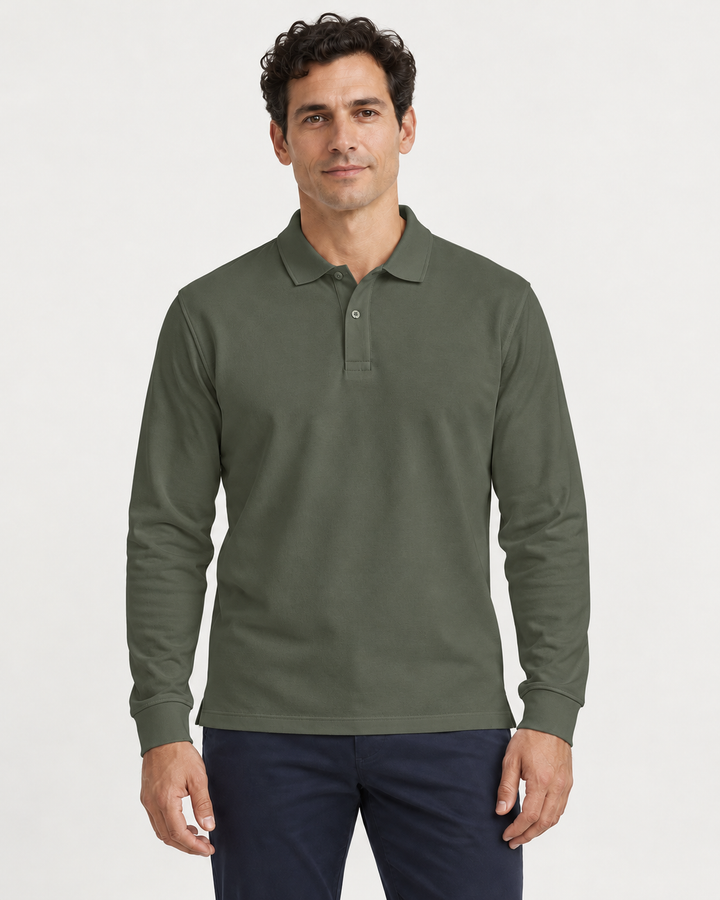 Sitztgut Unisex-Langarm-Poloshirt aus Baumwolle – Khaki – Vorderansicht