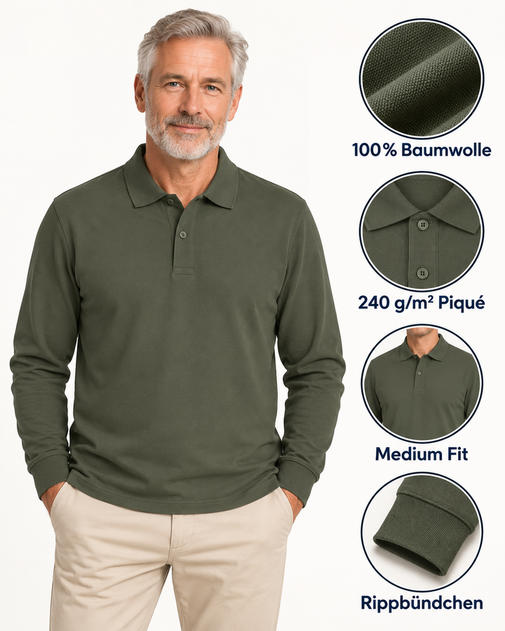 Sitztgut Unisex-Langarm-Poloshirt aus Baumwolle – Khaki – Produktdetails