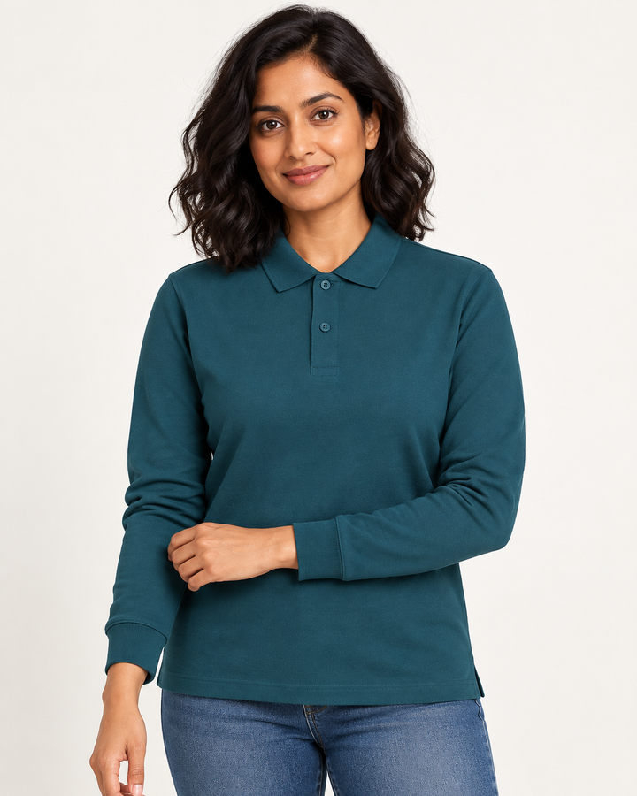 Sitztgut Unisex-Langarm-Poloshirt aus Baumwolle – Petrol – Materialdetail