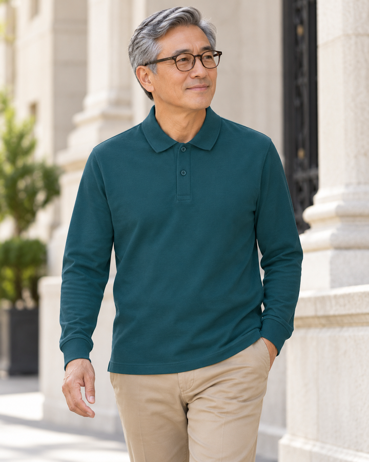 Sitztgut Unisex-Langarm-Poloshirt aus Baumwolle – Petrol – Alltagsansicht