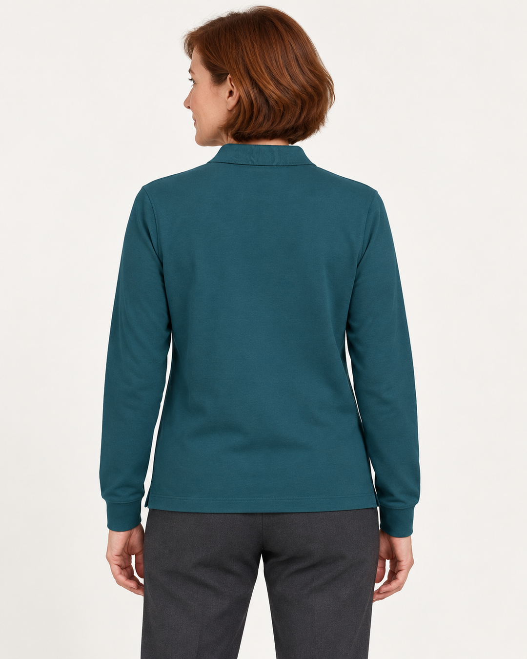 Sitztgut Unisex-Langarm-Poloshirt aus Baumwolle – Petrol – Rückenansicht