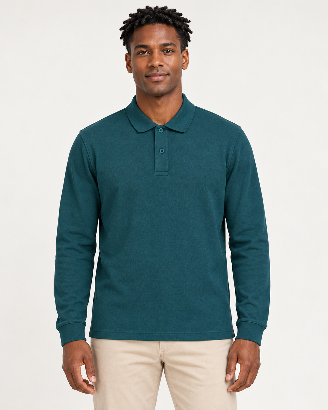 Sitztgut Unisex-Langarm-Poloshirt aus Baumwolle – Petrol – Vorderansicht